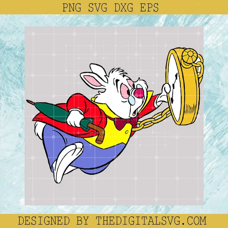 Bunny And Clock Svg, White Rabbit Svg, Alice In Wonderland Svg, Disney Svg 1