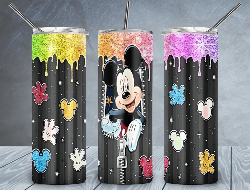 Mickey Mouse Tumbler Wrap Png, Rainbow Glitter 20Oz Skinny Tumbler Design, Sublimation Designs Png File 1