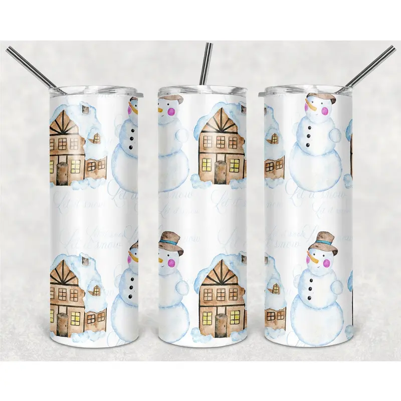Snowman And Wooden House Motifs Png, 20Oz Skinny Tumbler Design, Sublimation Designs Png File 1