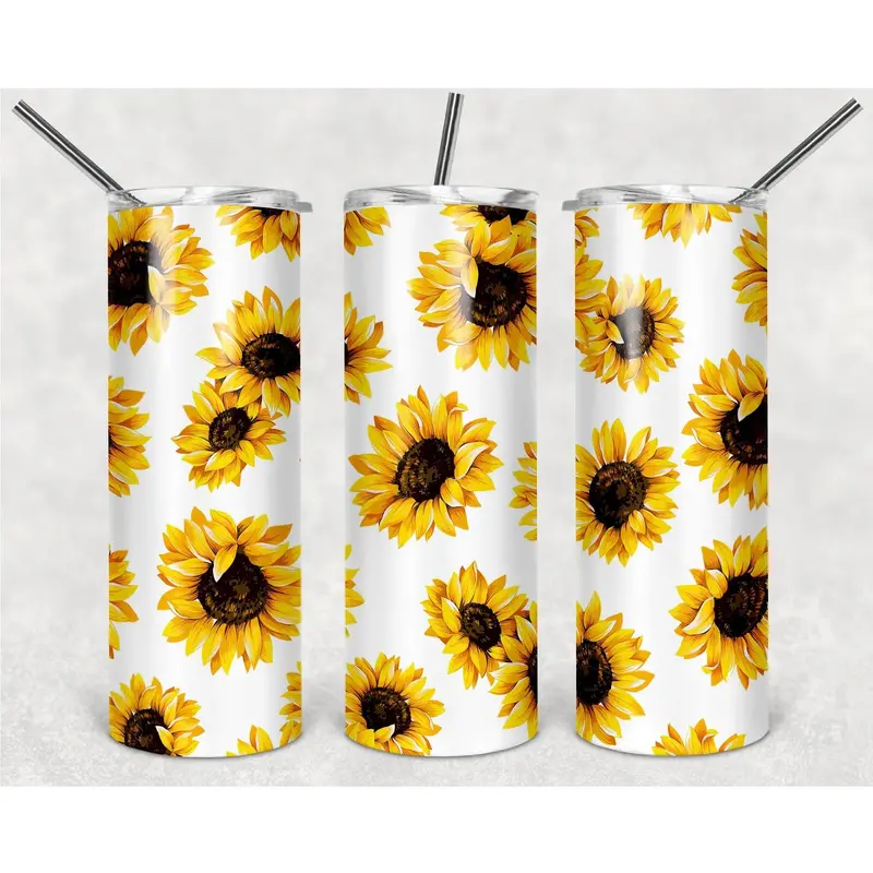 White Background Sunflower Pattern Png, 20Oz Skinny Tumbler Design, Sublimation Designs Png File 1