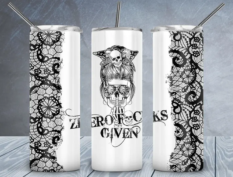 Zero F*Ck Given Tumbler Wrap Png, Skull Mom 20Oz Skinny Tumbler Design, Sublimation Designs Png File 1