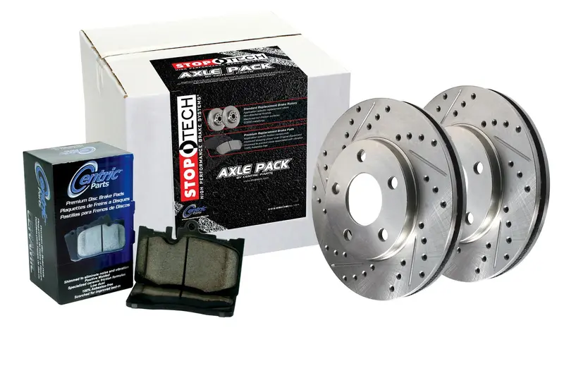 Stoptech 977.40037F Sport Brake Kit – Front Slotted Rotors, Calipers, Pads, And Stainless Brake Lines 1