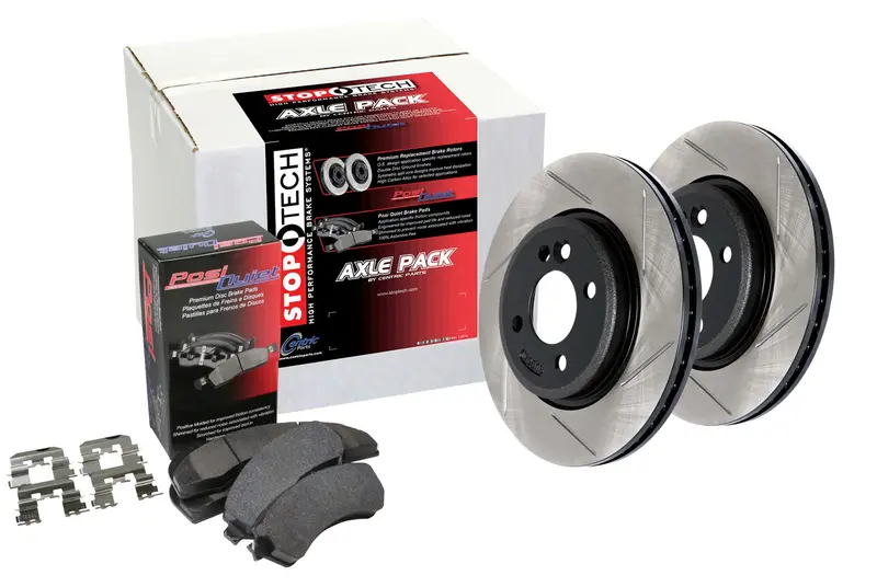 Stoptech Street Axle Brake Kit – Slotted Front And Rear Rotors With Pads (934.67026) 1
